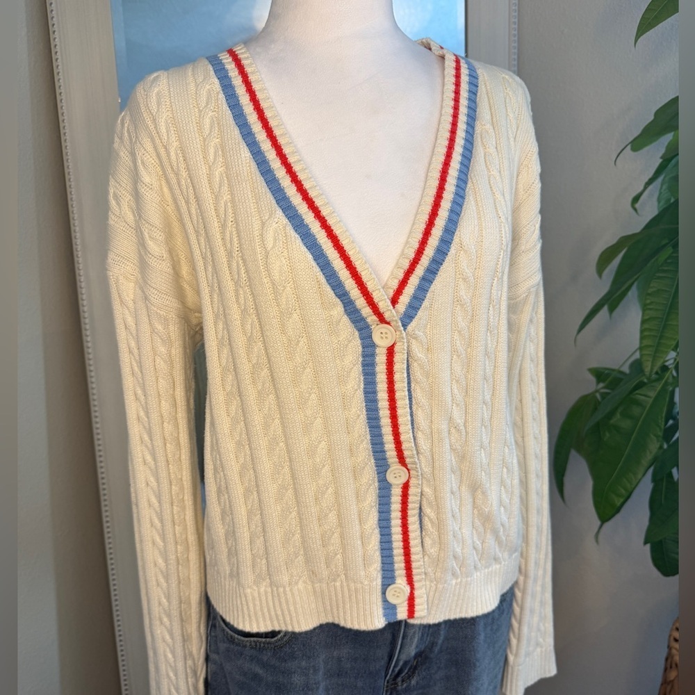 Prince Cream Cable Knit Cardigan with Red and Blue Accents